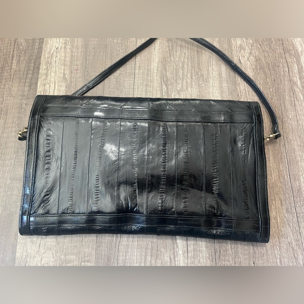 Large Vintage Black 80s EEL skin leather clutch detachable strap Goth flawless - Picture 8 of 8